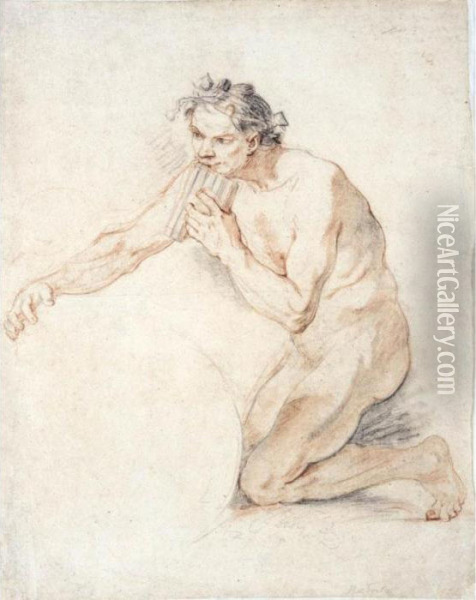 A Kneeling Male Nude, Playing Pan Pipes Oil Painting - Charles Joseph Natoire