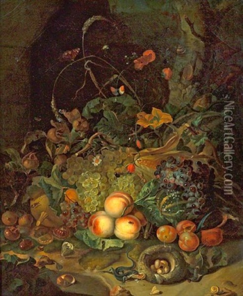 A Still Life With Flowers, Fruits And Insects Oil Painting - Rachel Ruysch