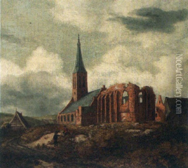 A Ruined Church With Two Travellers Resting By The Roadside Oil Painting - Anthonie Van Borssom