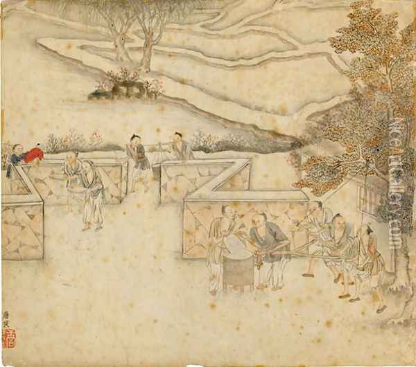 Winnowing and Sifting, from Gengzhi tu (Pictures of Tilling and Weaving) Oil Painting - Tang Yin