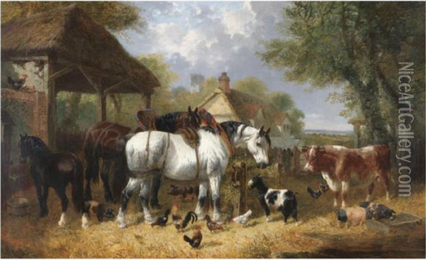 Shire Horses, Pigs And Other Livestock By A Stable With A Cottage And Church Beyond Oil Painting - John Frederick Herring Snr