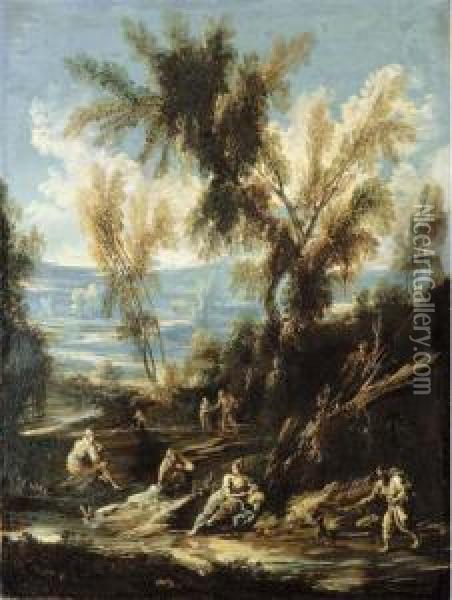 A Wooded River Landscape With Washerwomen And Other Figures Oil Painting - Antonio Francesco Peruzzini