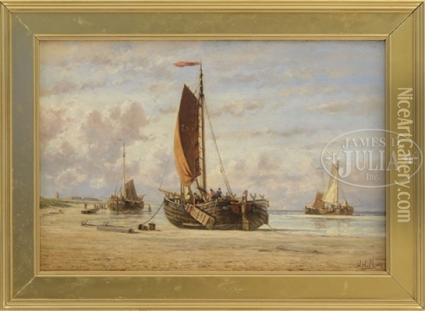 Men Working On Beached Fishing Boats Oil Painting - Hendrik Hulk