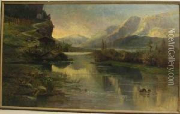 Gebirgssee Mit Bauernhof Vor Alpenpanorama Oil Painting - Gerelamo Varese