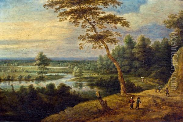 Weite Landschaft Mit Flusslauf Und Heuernte Oil Painting - Lucas Van Uden