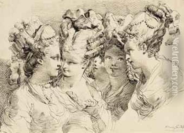 The Heads Of Five Young Women With Elaborate Coiffures Oil Painting - Gaetano Gandolfi