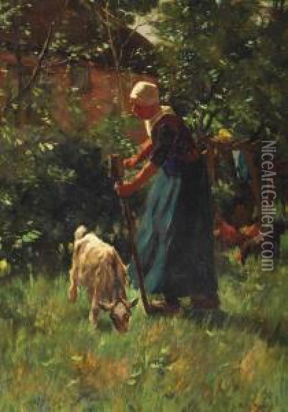 A Farmer's Wife Tending The Livestock Oil Painting - Willy Martens