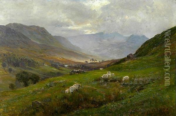 Sheep Grazing In An Extensive Valley Landscape Oil Painting - Ernst Walbourn