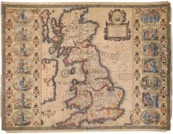 Speeds Map Of Early Britain, 
With The Notable Feature Of Depictions Of 14 Kings From The 6th And 7th 
Centuries On The Sides. English Text On Verso. Oil Painting - John Speede