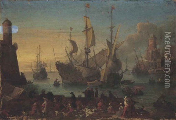 A Mediterranean Harbour, With Elegant Company And Merchants On The Shore, Anchored Ships Beyond Oil Painting - Adrien Manglard