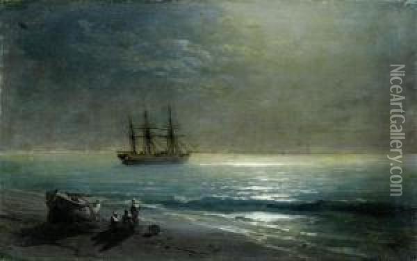 Sailing Ships At The Coast In The Moonlight Oil Painting - Ivan Konstantinovich Aivazovsky