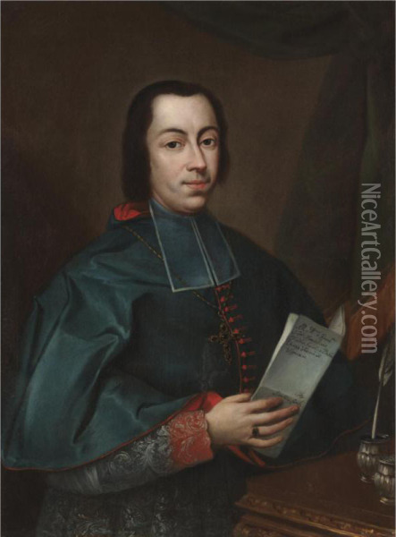 Portrait Of Francesco Agostino Della Chiesa, Bishop Of Vigevano (born 1717), Head And Shoulders, Holding A Letter Oil Painting - Davide Loreti