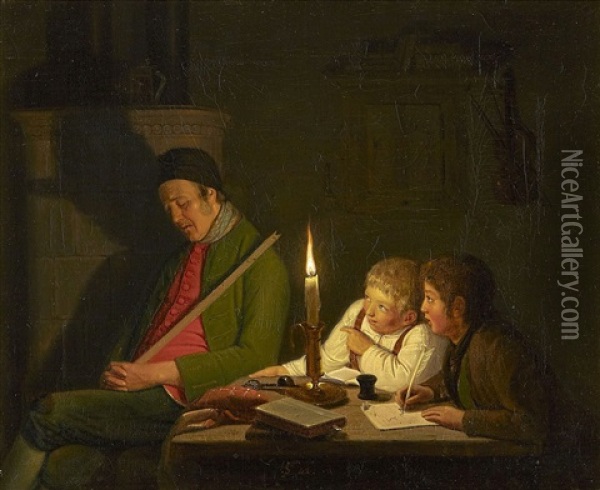 Kvallsinterior Med Sovande Man Och Tva Pojkar Vid Ett Bord. Oil Painting - Friedrich Wilhelm Schon