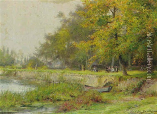 Uferpartie Mit Ausfluglern In Fruhherbstlicher Landschaft Oil Painting - Eugene Auguste Francois Deully