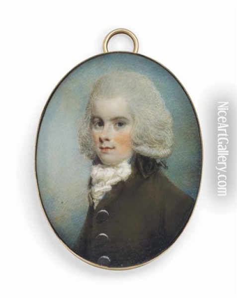A Young Gentleman, In Brown Coat With Large Buttons, Knotted White Cravat, Powdered Hair Oil Painting - Samuel Shelley