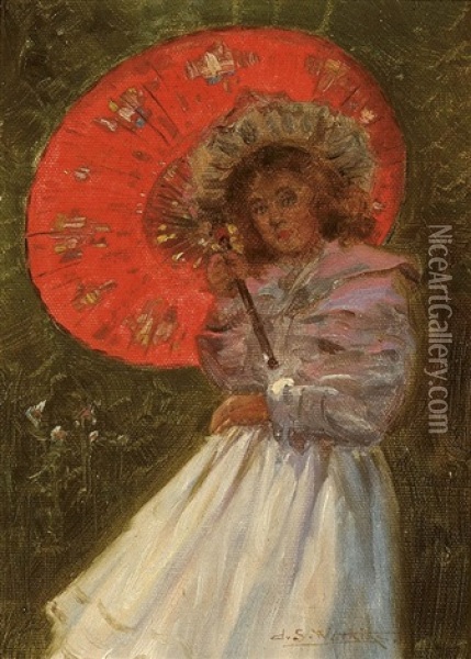 Girl With Red Umbrella Oil Painting - John Samuel Watkins