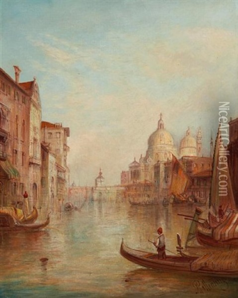 A View In Venice, The Dogana Di Mare And Santa Maria Della Salute Oil Painting - Alfred Pollentine