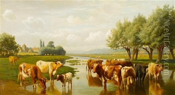 Cattle Watering At Thanington, Kent Oil Painting - William Sidney Cooper