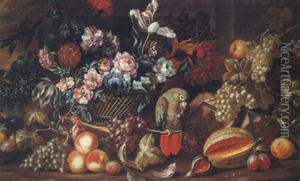 Still Life Of Flowers In A Basket On A Stone Ledge Surrounded By Fruit, With A Parrot Eating A Grape Oil Painting - Pieter Casteels III