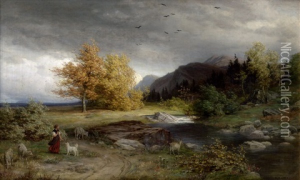 Voralpenlandschaft Bei Aufziehendem Wetter, Im Vordergrund Eine Hirtin Oil Painting - Rudolf Schick