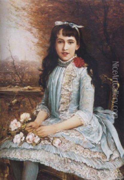 Kekruhas Lany Rozsakkal (girl In Blue Dress, With Roses) Oil Painting - Lajos Bruck