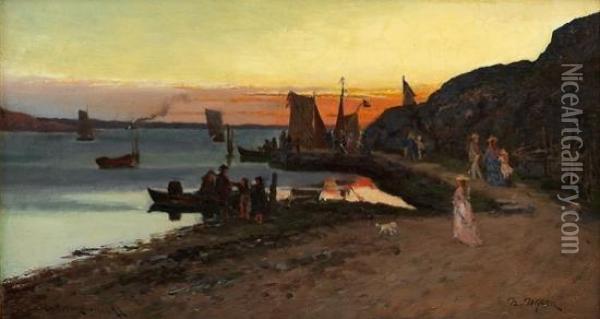 Folkeliv Ved Brygge Oil Painting - Nikolai Ulfsten