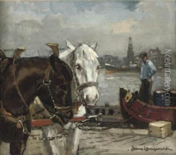 Horses On The Quayside With The Haringspakkerstoren Beyond, Amsterdam Oil Painting - Frans Langeveld