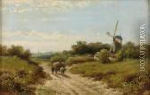 Sommerlandschaft Mit Heuwagen Und Windmuhle. Oil Painting - Lodewijk Johannes Kleijn