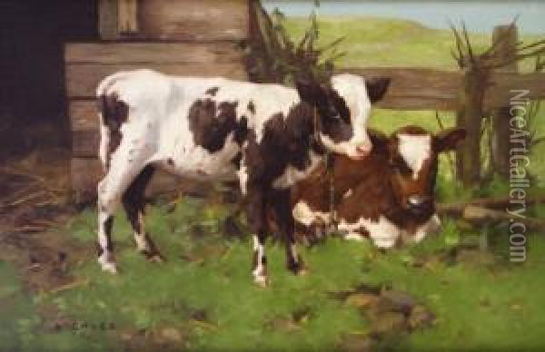 Calves Outside A Farm In A Landscape Oil Painting - David Gauld