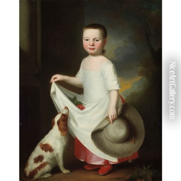 Girl With A Dog, Holding A Bonnet, With Cherries In Her Apron Oil Painting - George Romney