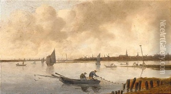 A River Landscape With Fishermen Taking In Their Nets Oil Painting - Anthony Jansz van der Croos