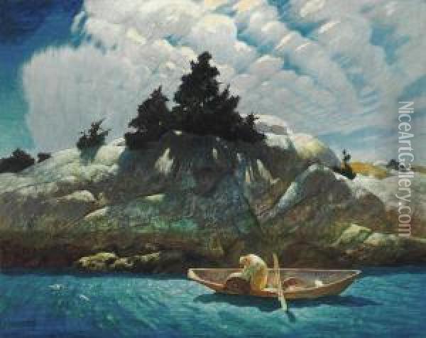 Black Spruce Ledge (lobstering Off Black Spruce Ledge) Oil Painting - Newell Convers Wyeth