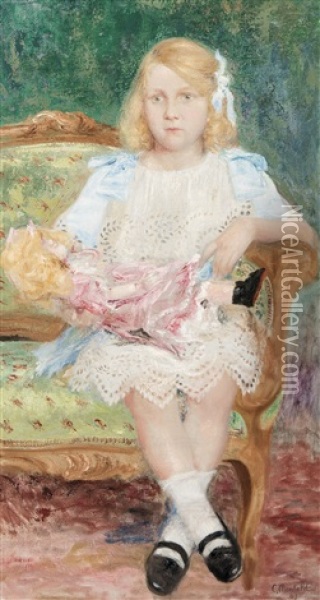 Girl With A Doll (1909) Oil Painting - Constant Montald