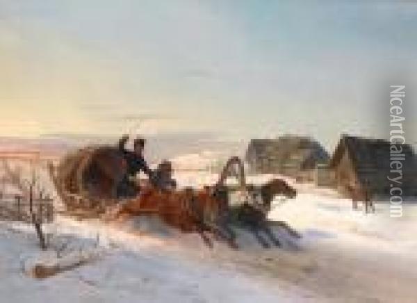 A Troika Galloping Through The Snow Oil Painting - Nikolai Egorovich Sverchkov