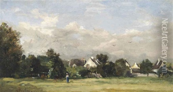 Paysanne Pres D'un Village Oil Painting - Charles Francois Daubigny