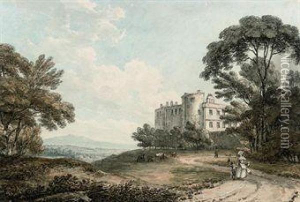 View Of Appleby Castle, Appleby-in-westmorland, Cumbria, With Elegant Figures In The Foreground Oil Painting - Thomas Hearne