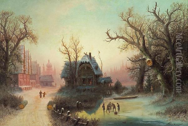 A Russian Village In Winter Oil Painting - Albert Bredow