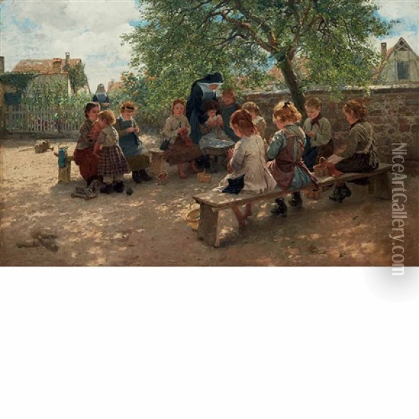 Knitting Class Oil Painting - Friedrich Kallmorgen