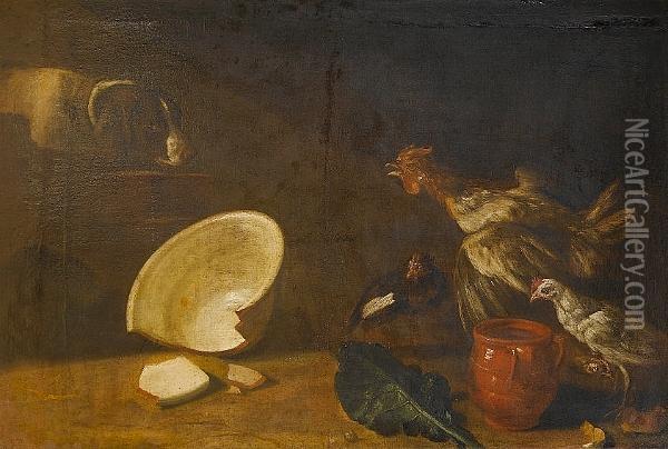 A Spaniel Surprising Cockerels Oil Painting - Arcangelo Resani