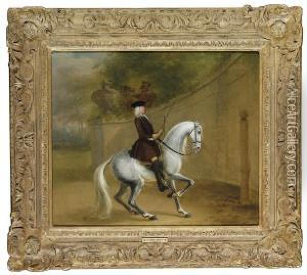 A Gentleman On A Grey At A Riding School Executing Oil Painting - James Ross