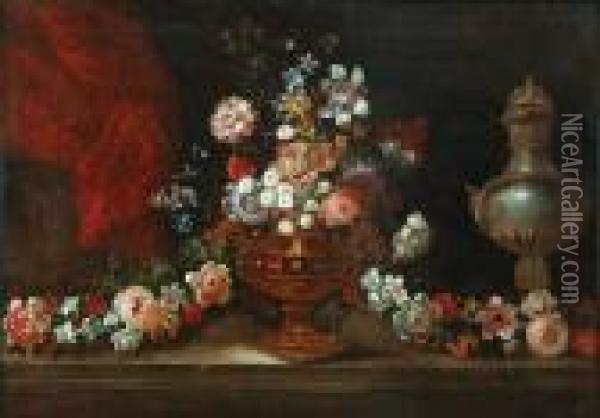 Martwa Natura Z Kwiatami, Tkanina I Ozdobnymi Naczyniami Oil Painting - Jean-Baptiste Monnoyer