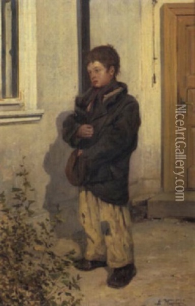 A Young Boy Clutching His Jacket And Hat Oil Painting - Konstantin Egorovich Makovsky