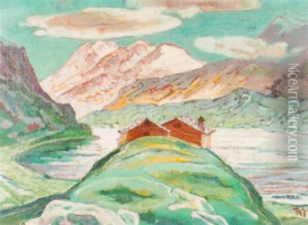 Berglandschaft Mit Einem See Oil Painting - Gustav Wiethuechter