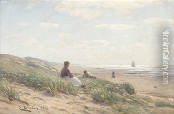 Figures On A Beach Oil Painting - Eugen Gustav Duecker