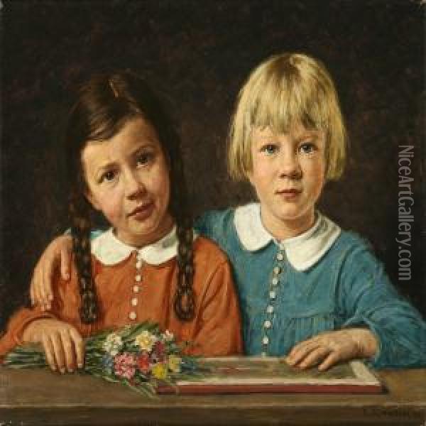 Two Girls Oil Painting - Georg Schwenk