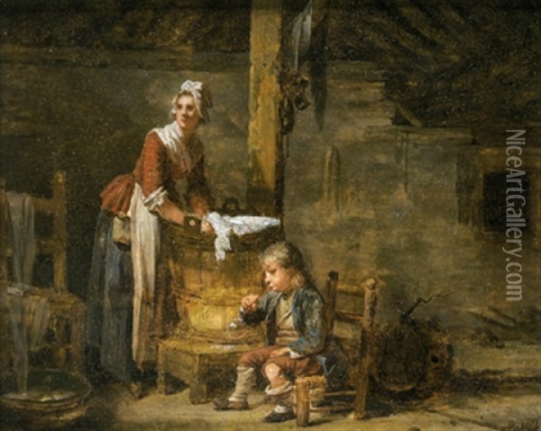 Eine Wascherin Mit Ihrem Seifenblasenden Sohnchen Oil Painting - Martin Droelling