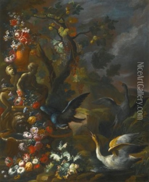 An Outdoor Still Life With Birds Beside An Ornate Sculpted Fountain Oil Painting - Nicola Casissa