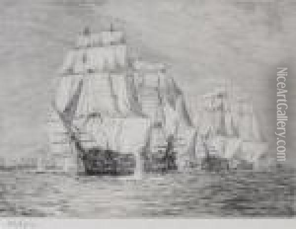 Hms Victory Breaks The Line, Trafalgar Oil Painting - William Lionel Wyllie
