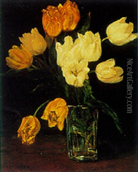 Cream And Yellow Tulips In A Vase Oil Painting - Marie Wandscheer