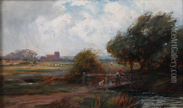 Boy Fishing From A Wooden Bridge Oil Painting - Edmund Morison Wimperis
